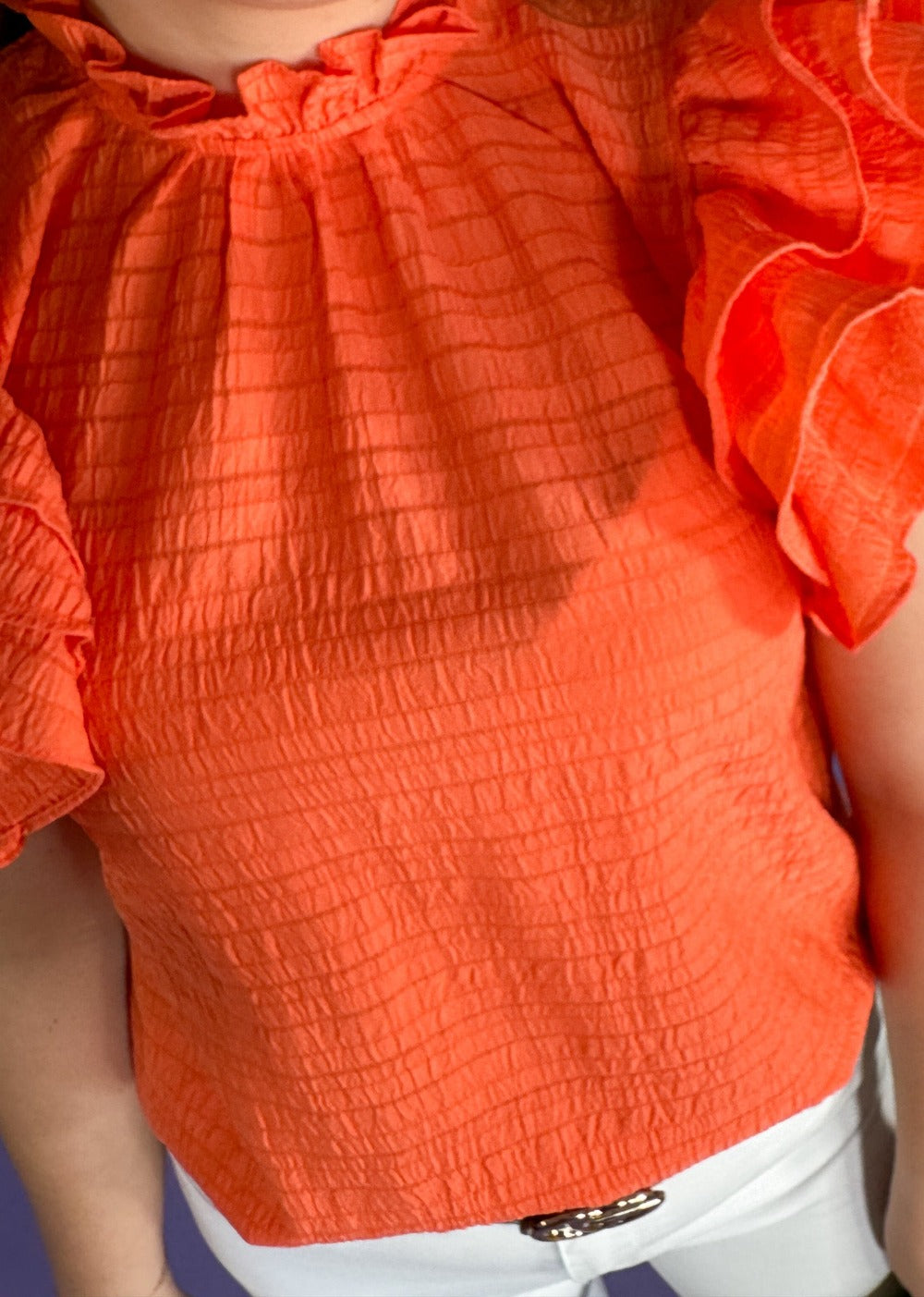 orange textured sleeveless ruffle detail top thml brand
