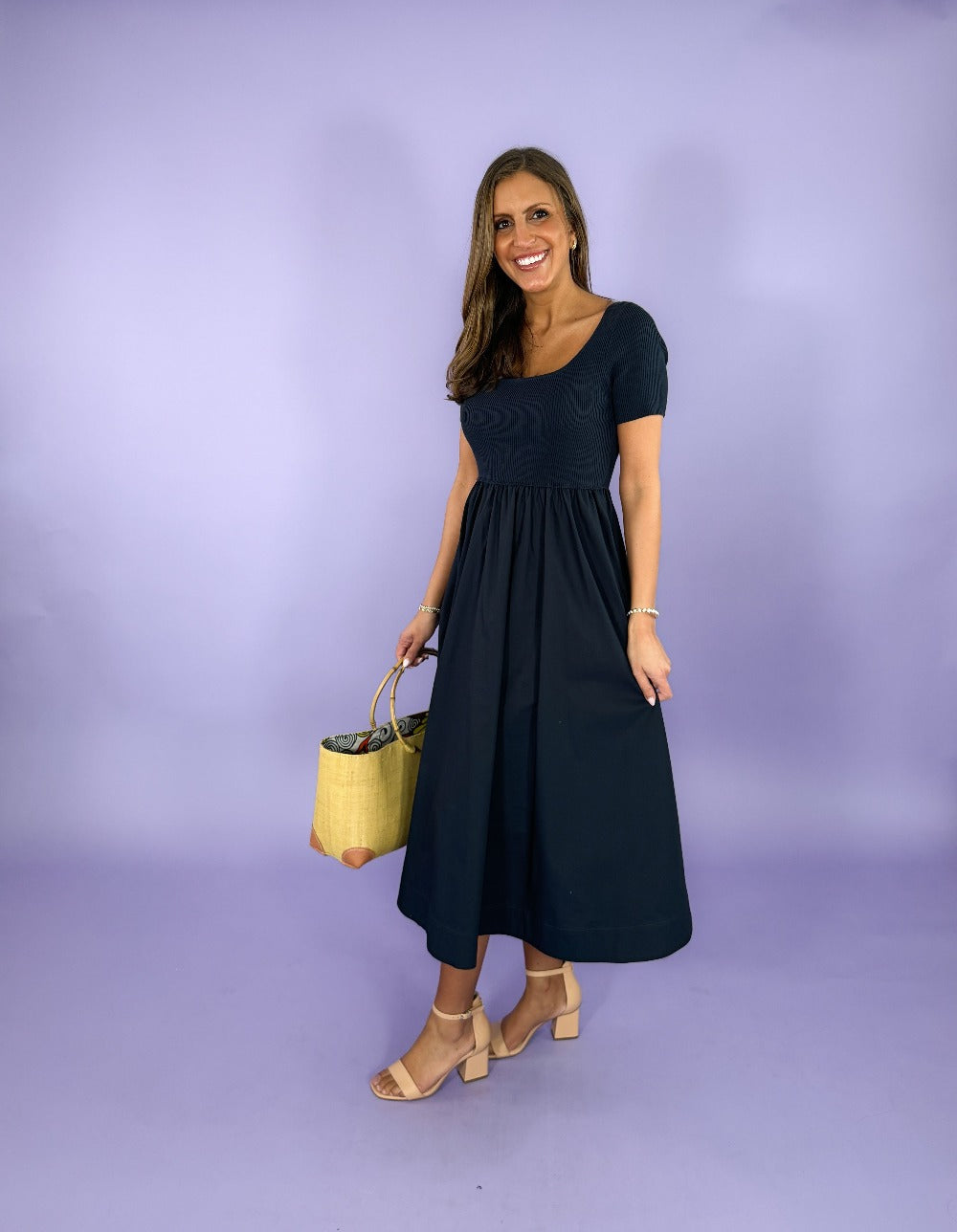 Reese Navy Knit + Poplin Midi Dress Lucy Paris | Clover and Bee