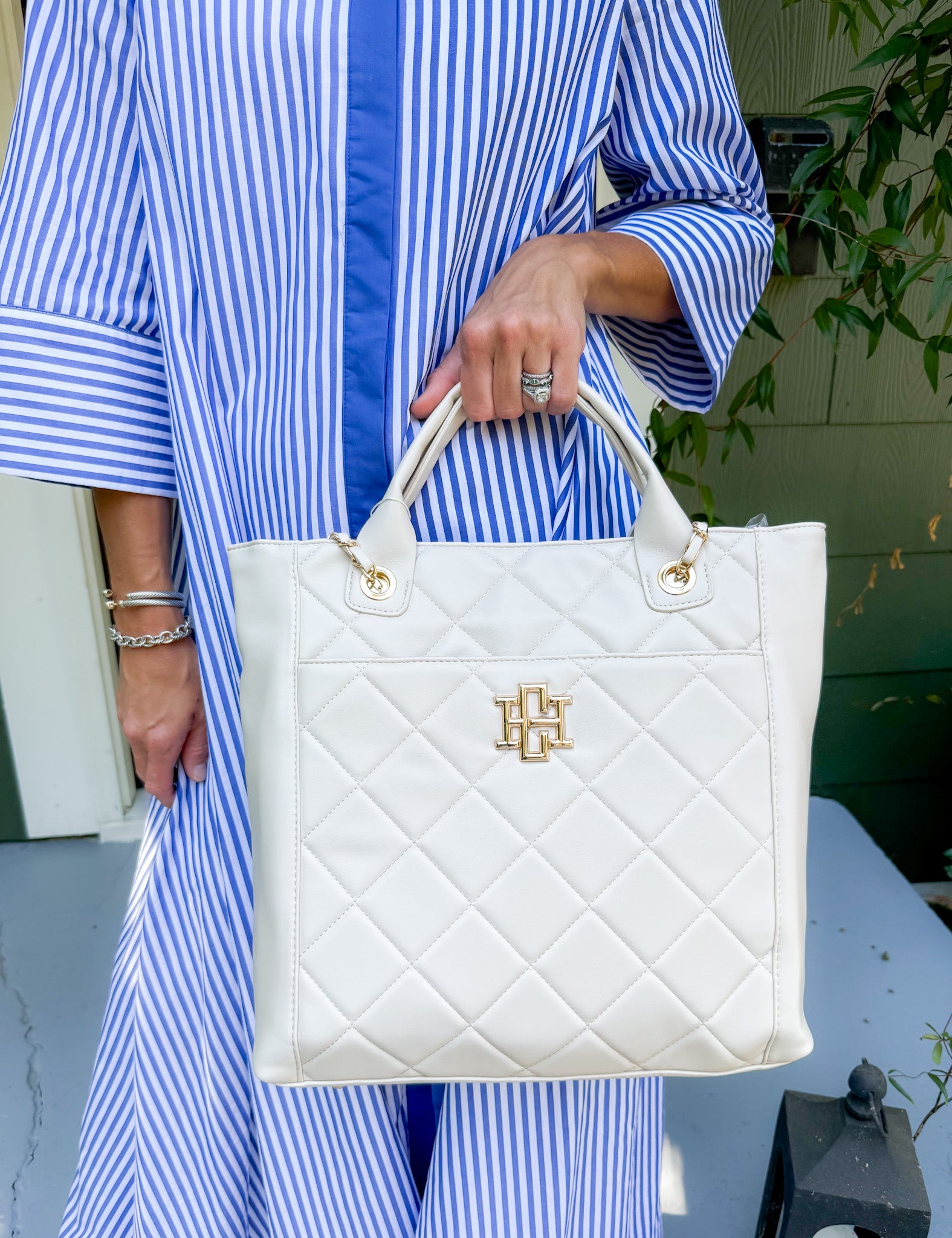 Kinzley Cream Quilted Tote Bag
