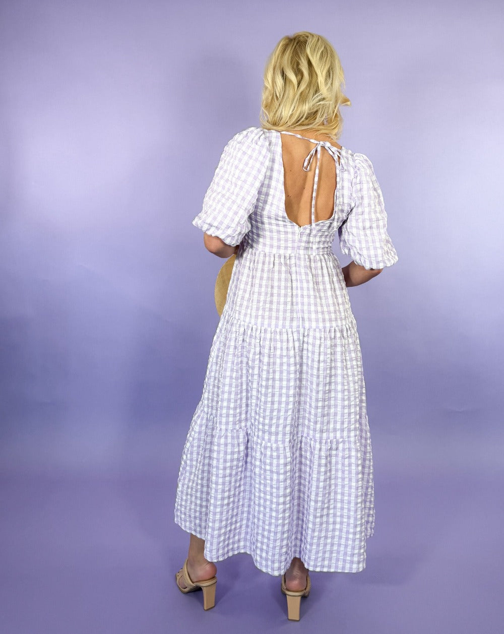 Gresham Lavender Gingham Tiered Maxi Dress