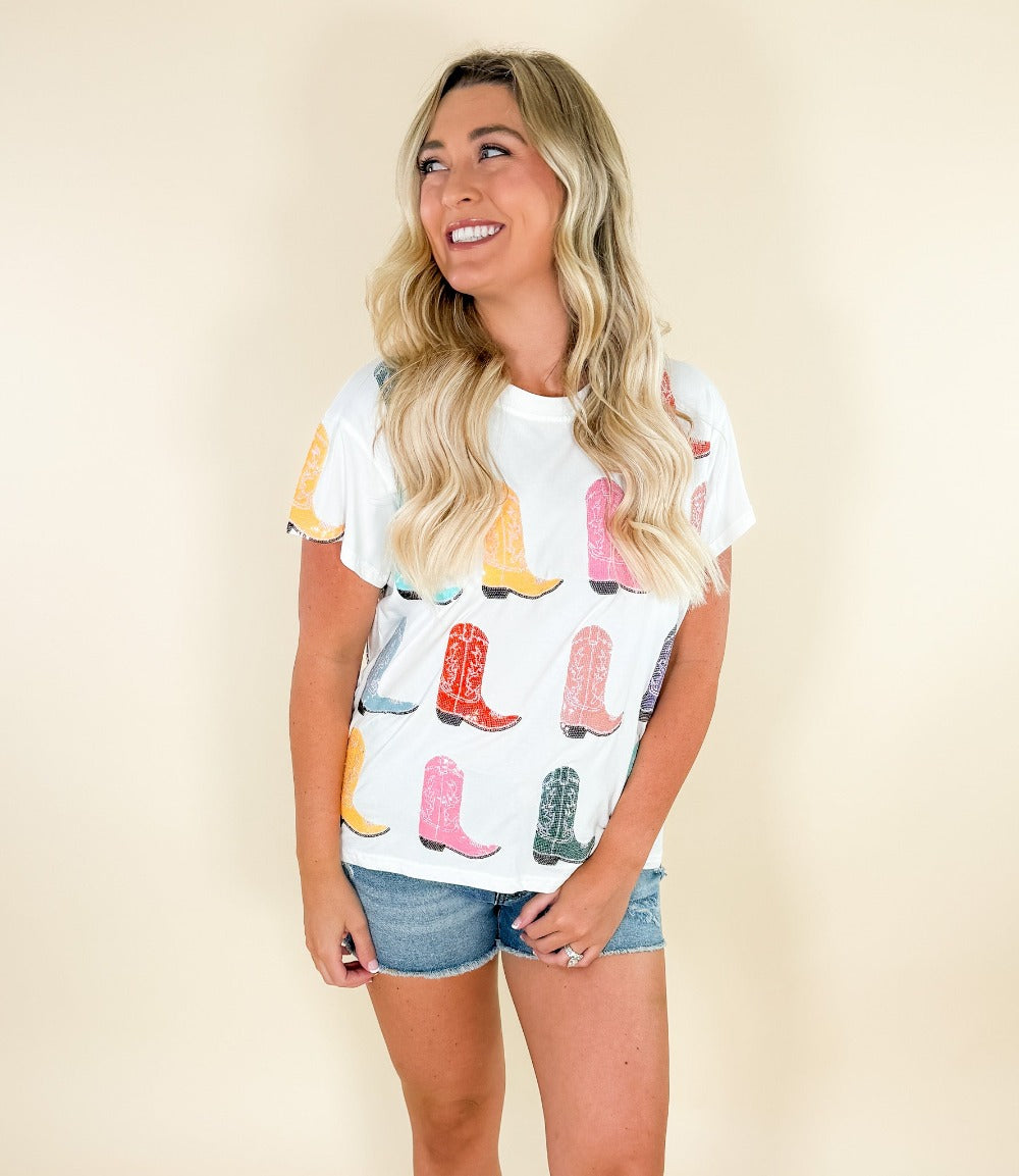 Queen of Sparkles White Multi Cowboy Boot Tee