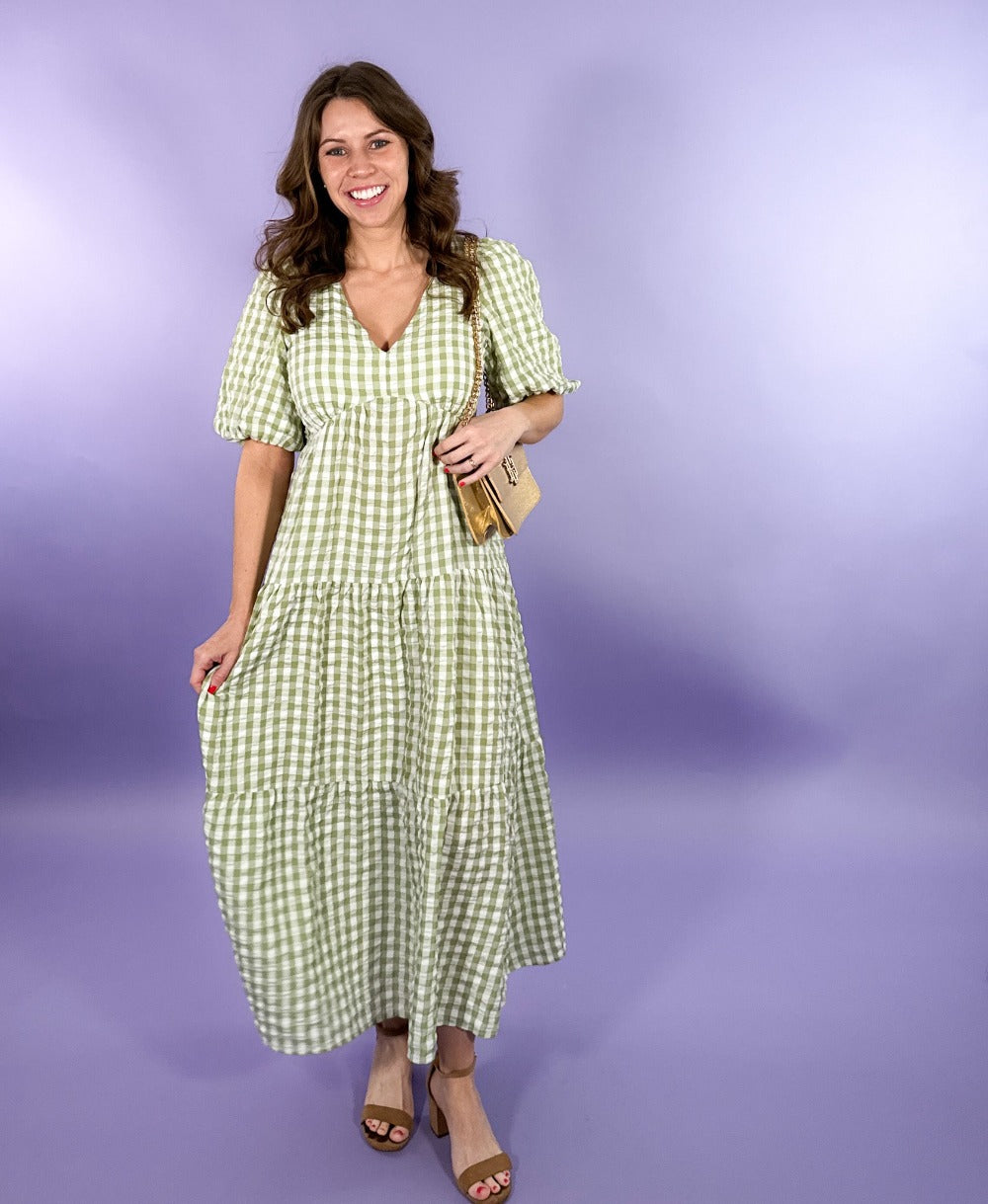 Gresham Sage Gingham Tiered Maxi Dress | Clover and Bee