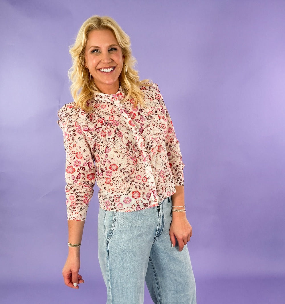 Paris Floral Ruffle Button Up Top Karlie | Clover and Bee