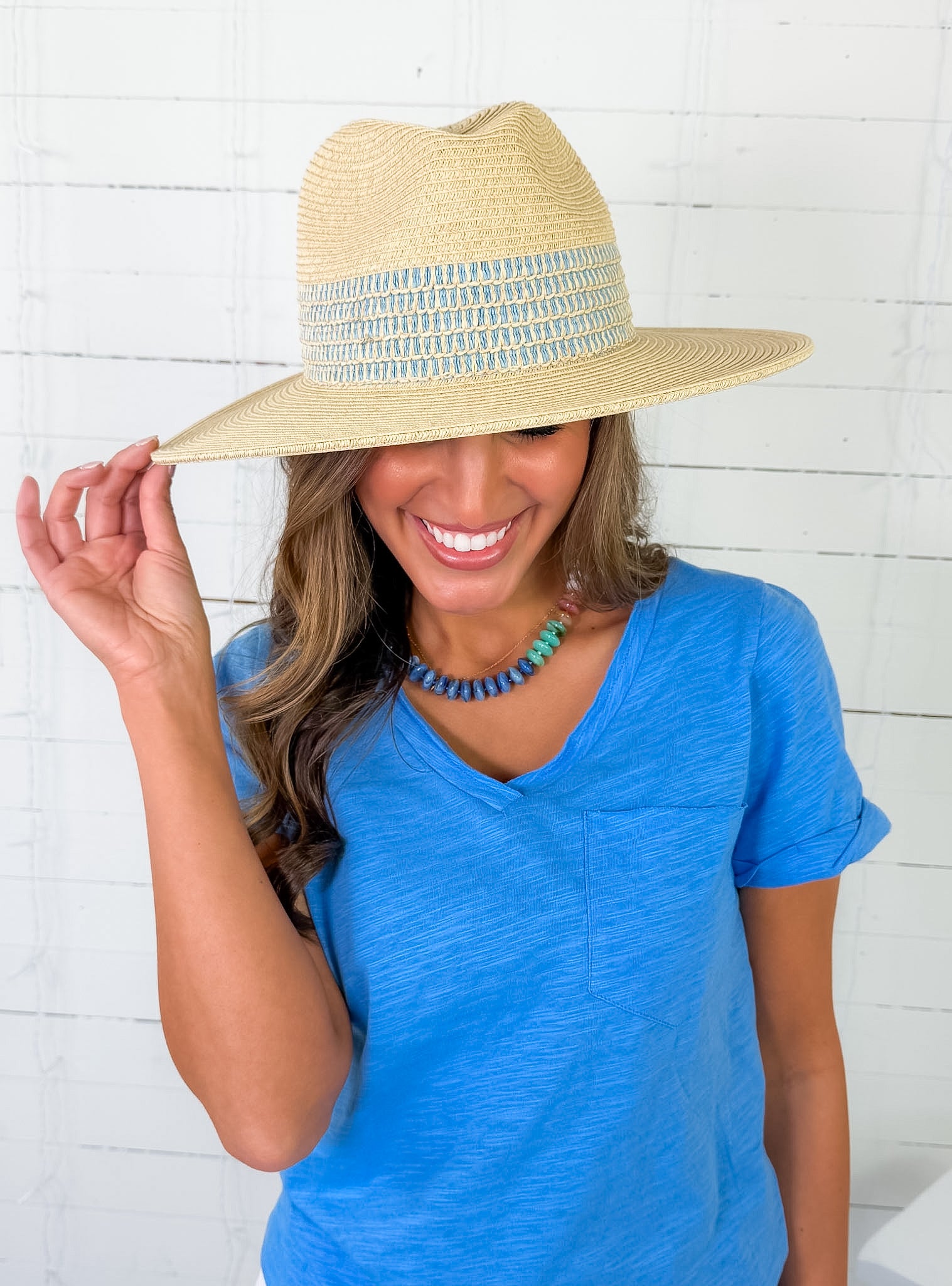 Striped Color Woven Wide Band Summer Fedora Hat