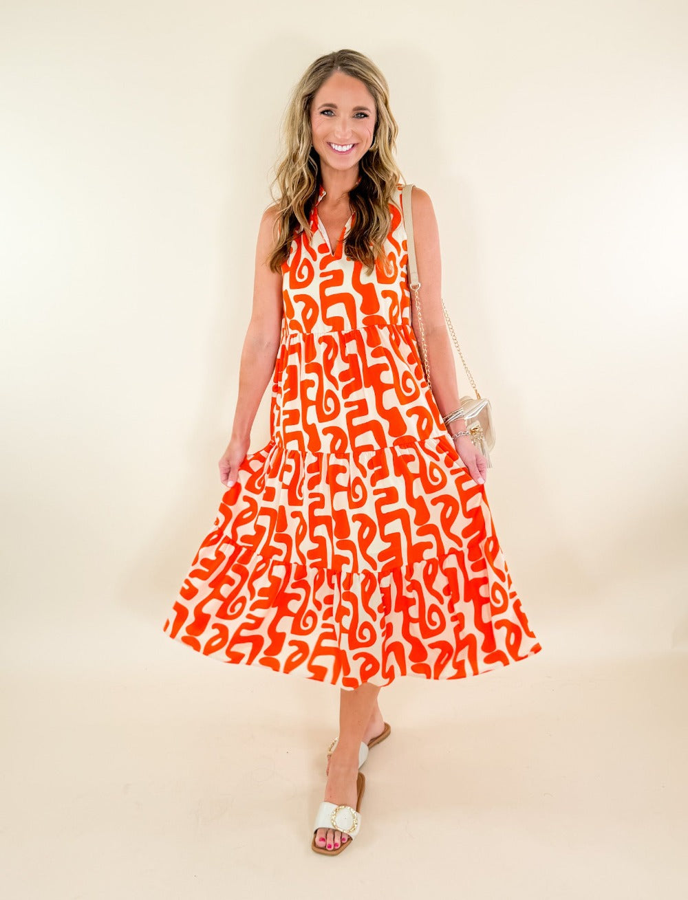 Romine Orange + Ecru Midi Dress THML brand