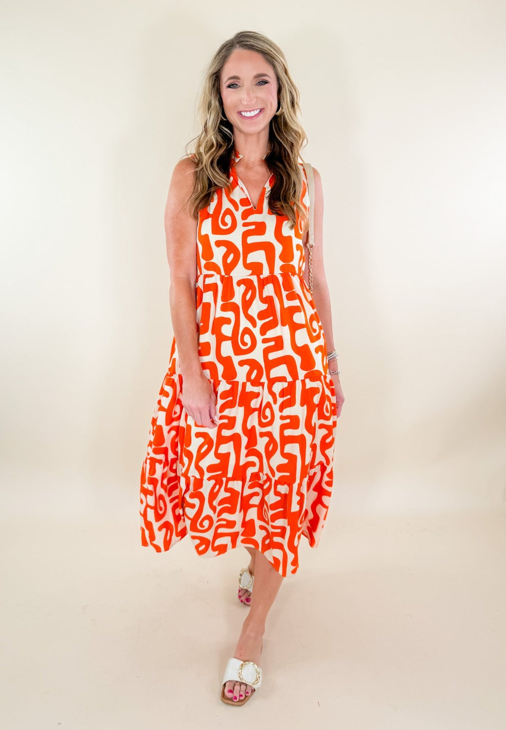 Romine Orange + Ecru Midi Dress THML brand