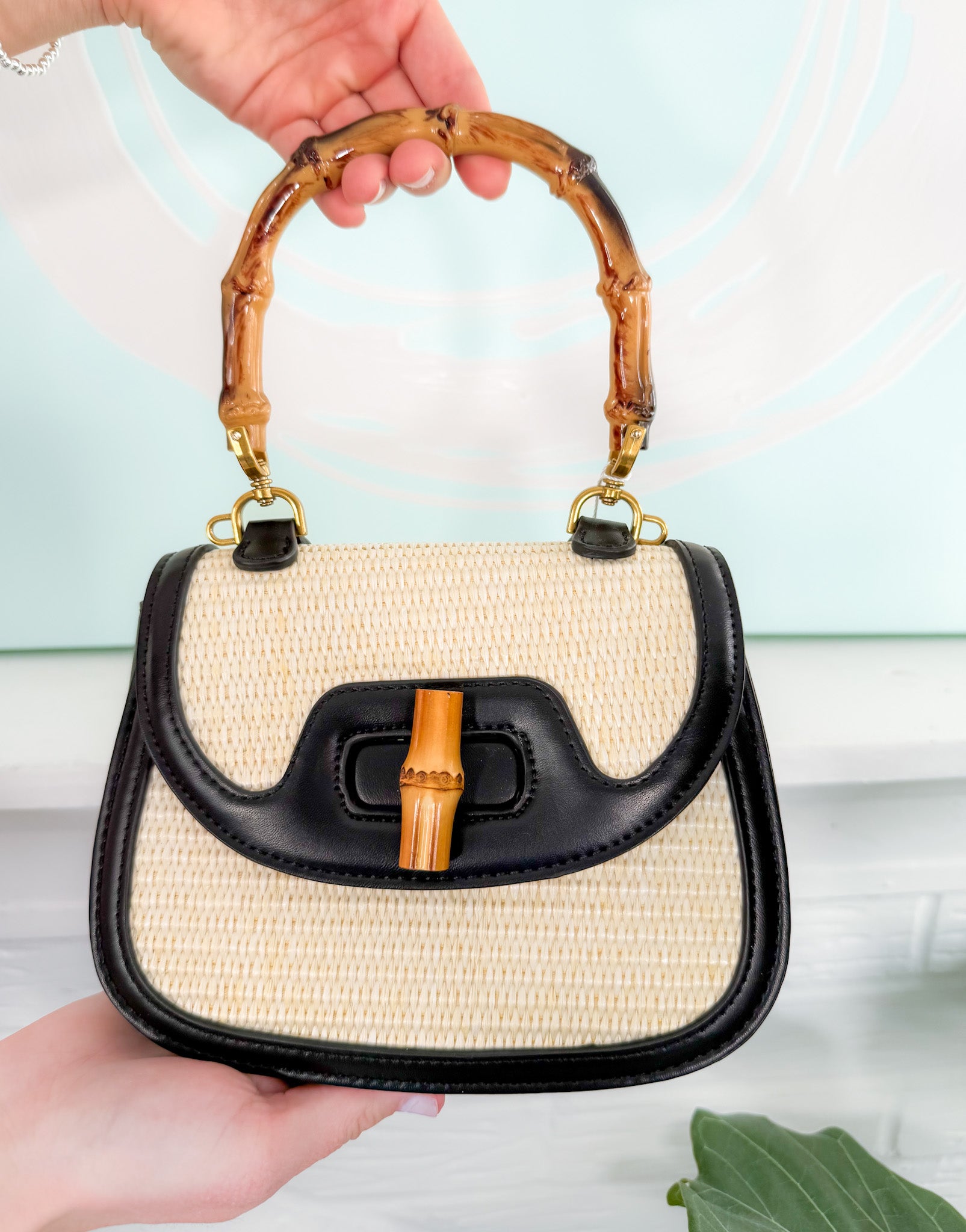 Saddle Bag with Bamboo Top Handle + Raffia Body