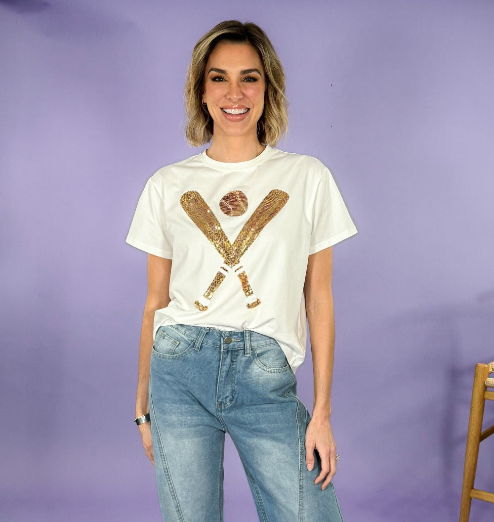 Queen of Sparkles White + Gold Baseball Tee | Clover and Bee