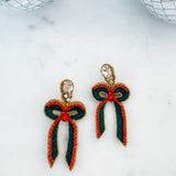 Beaded Green + Red Christmas Bow Earring