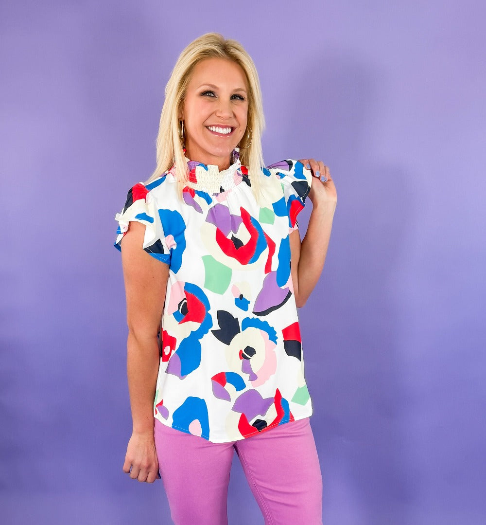 Henri Abstract Smocked Neck Top | Clover and Bee
