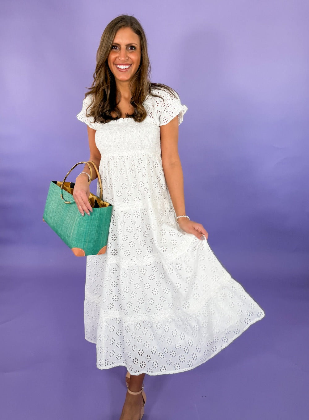 Evelyn Off Whie Eyelet Midi Dress Mahila | Clover and Bee