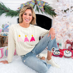 Pink Christmas Tree Ivory Cable Sweater