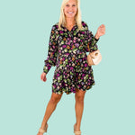 Franny Black Satin Floral Mini Dress Karlie