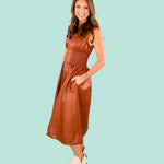 Cognac Vegan Leather Smocked Midi Dress