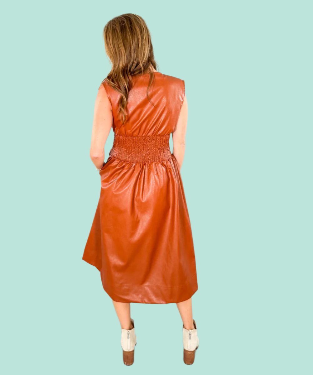 Cognac Vegan Leather Smocked Midi Dress