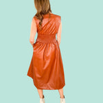 Cognac Vegan Leather Smocked Midi Dress