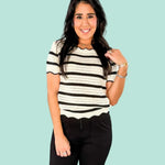 Nigel Ivory + Black Stripe Scallop Neck Sweater