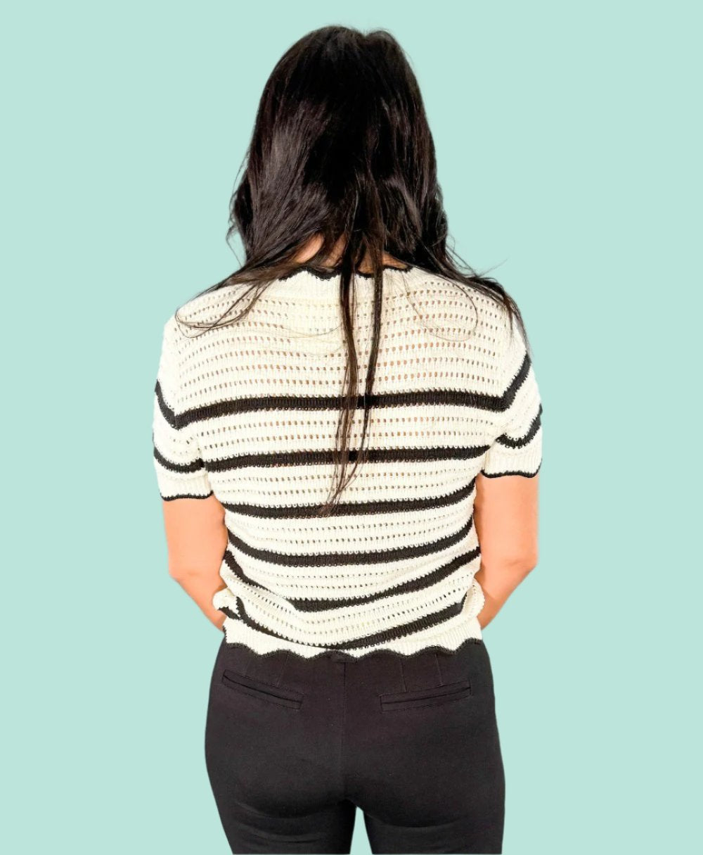 Nigel Ivory + Black Stripe Scallop Neck Sweater