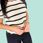 Nigel Ivory + Black Stripe Scallop Neck Sweater