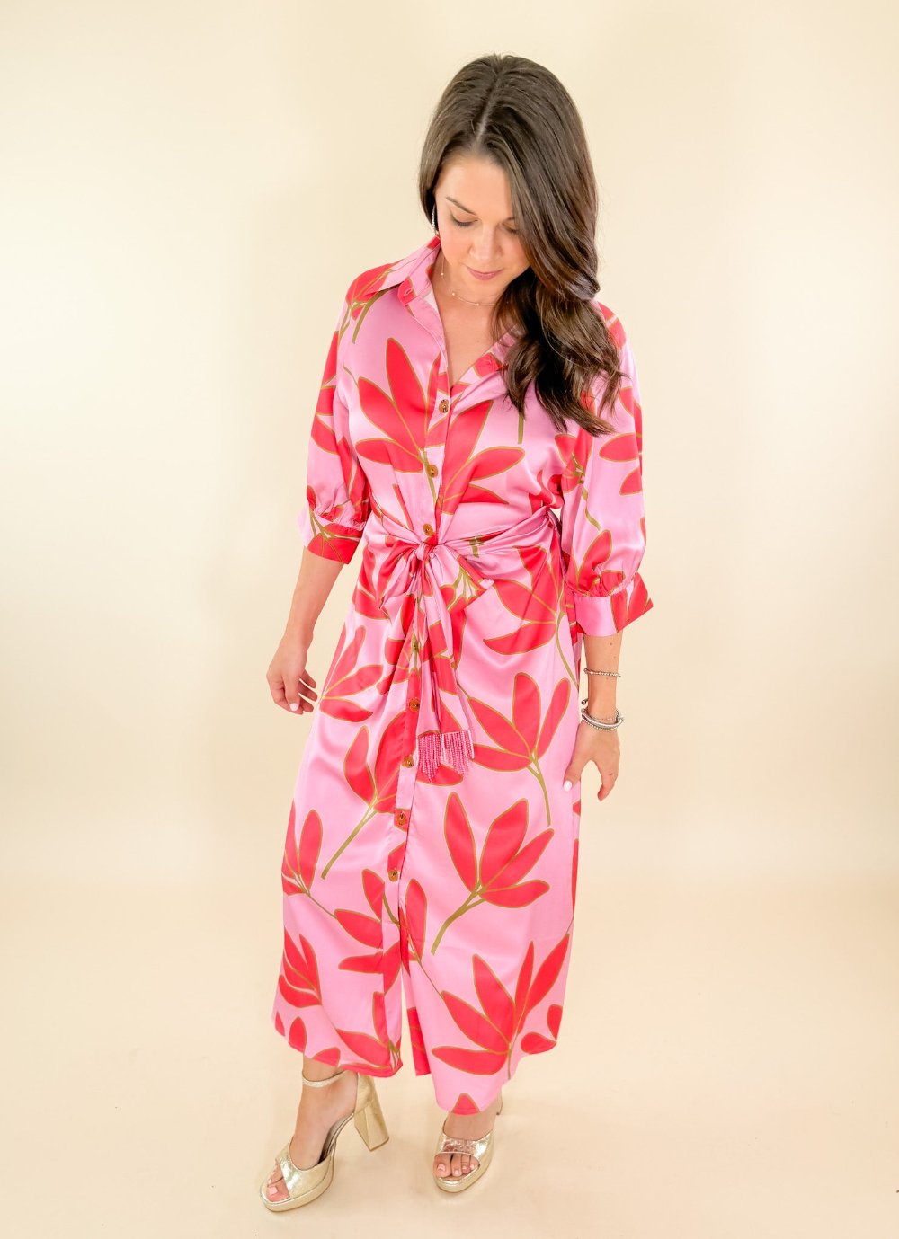 Rose Palm Satin Knot Dress Karlie