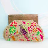 Floral Bird Embroidered Wood Handle Clutch