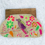 Floral Bird Embroidered Wood Handle Clutch