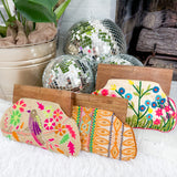 Floral Bird Embroidered Wood Handle Clutch