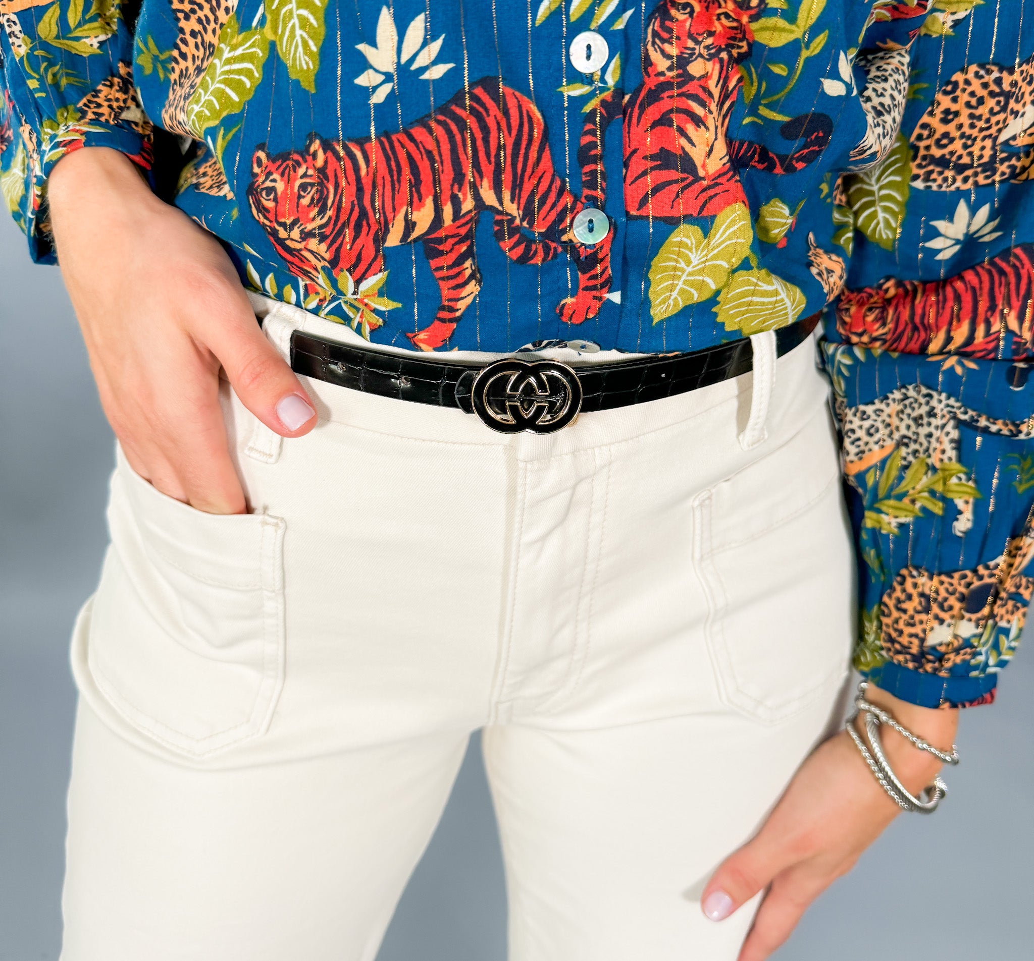 Enamel Inverted CC Faux Croc Belt