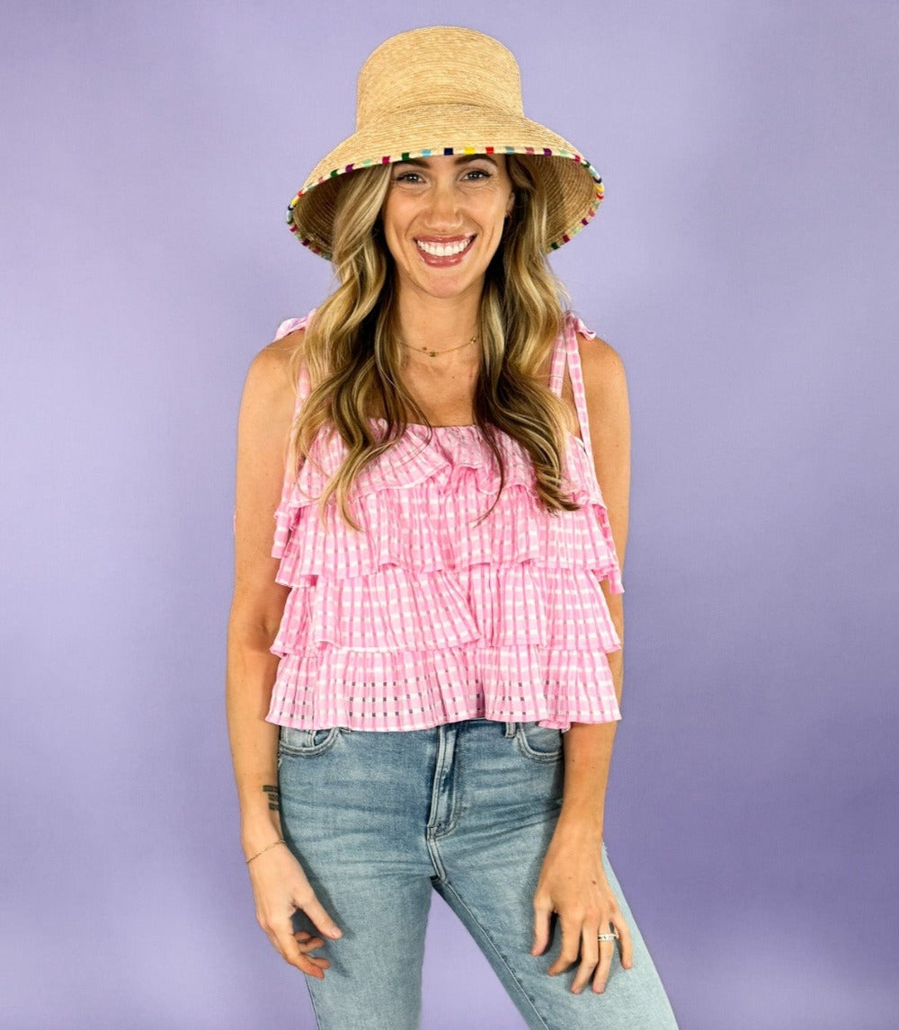 Harley Pink Plaid Shoulder Tie Top | Clover and Bee