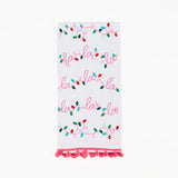 White towel with 'fa la la' text and Christmas lights design on a white background