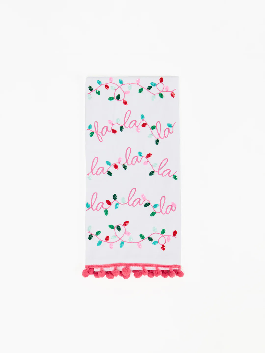 White towel with 'fa la la' text and Christmas lights design on a white background