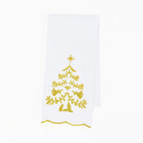 White towel with a gold Christmas tree design on a white background