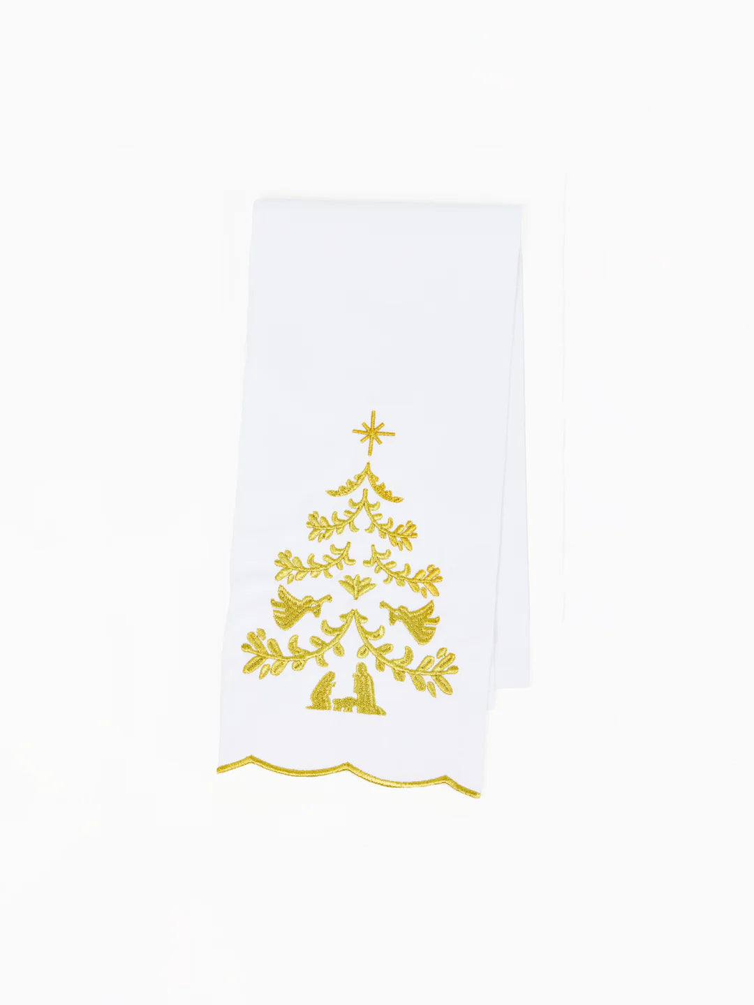 White towel with a gold Christmas tree design on a white background