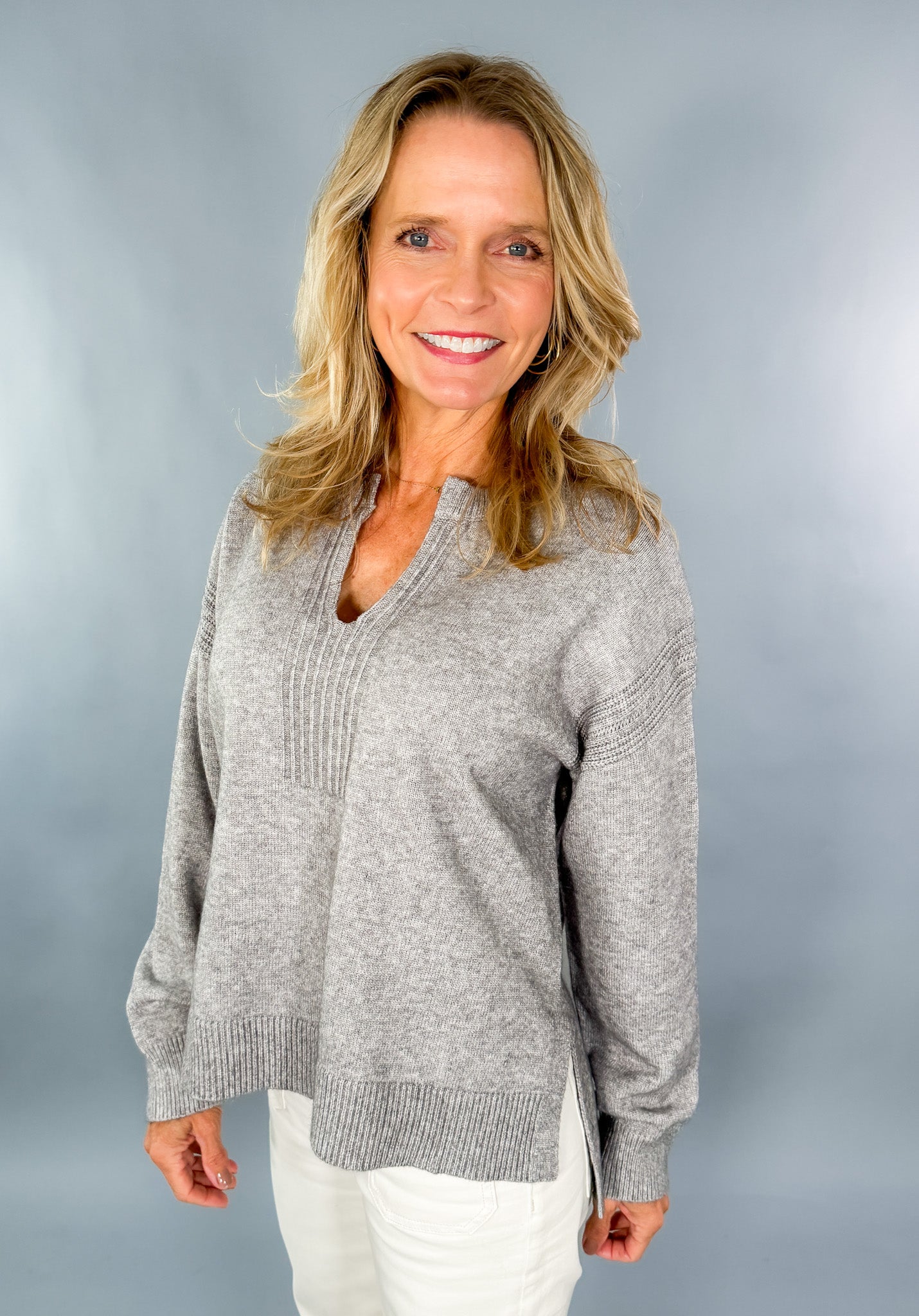 Ingrid Heather Grey Open V-Neck Sweater Pinch