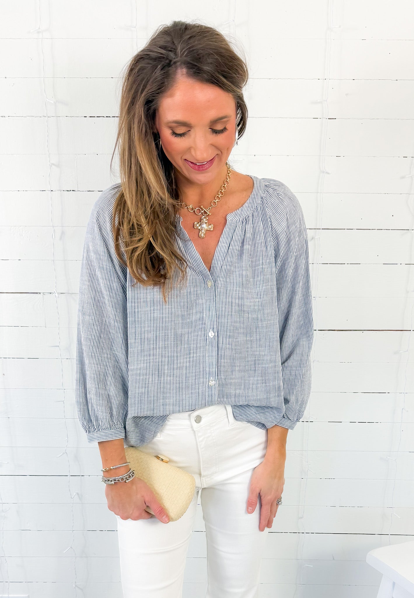 Iris Indigo Stripe Button Top Be Cool