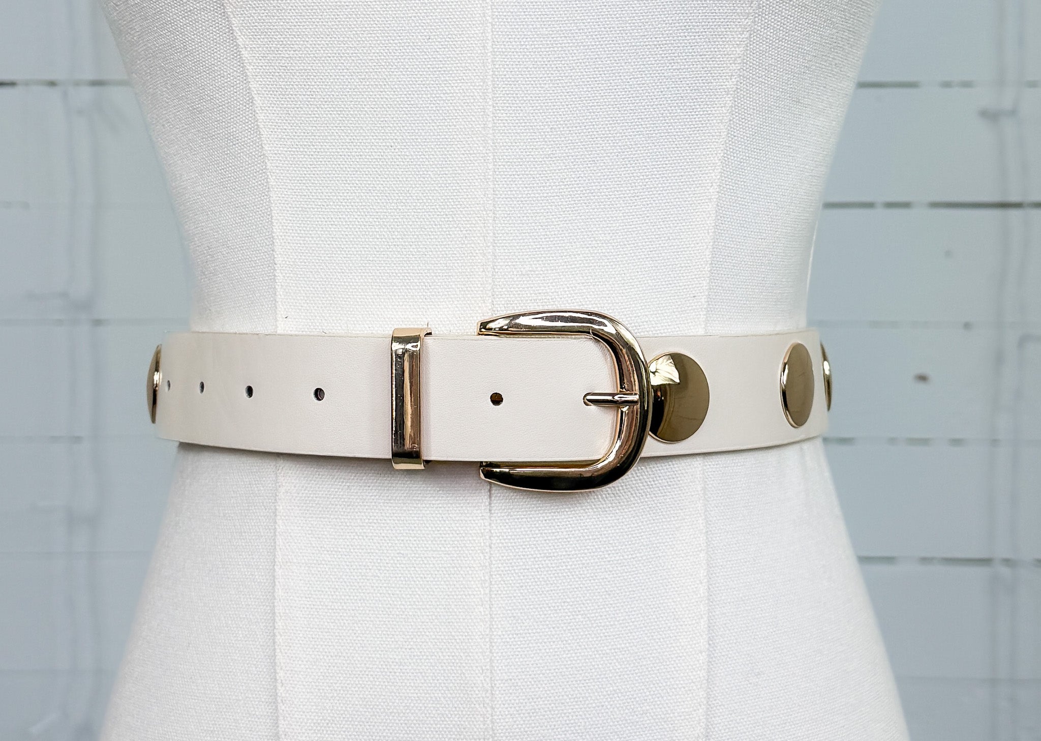 Ivory Metallic Disc Studded Vegan Leather Belt