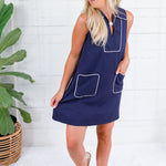 Jackie Navy + Oatmeal Piping Shift Dress Entro