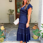Jasmine Deep Navy Tiered Midi Dress Pinch