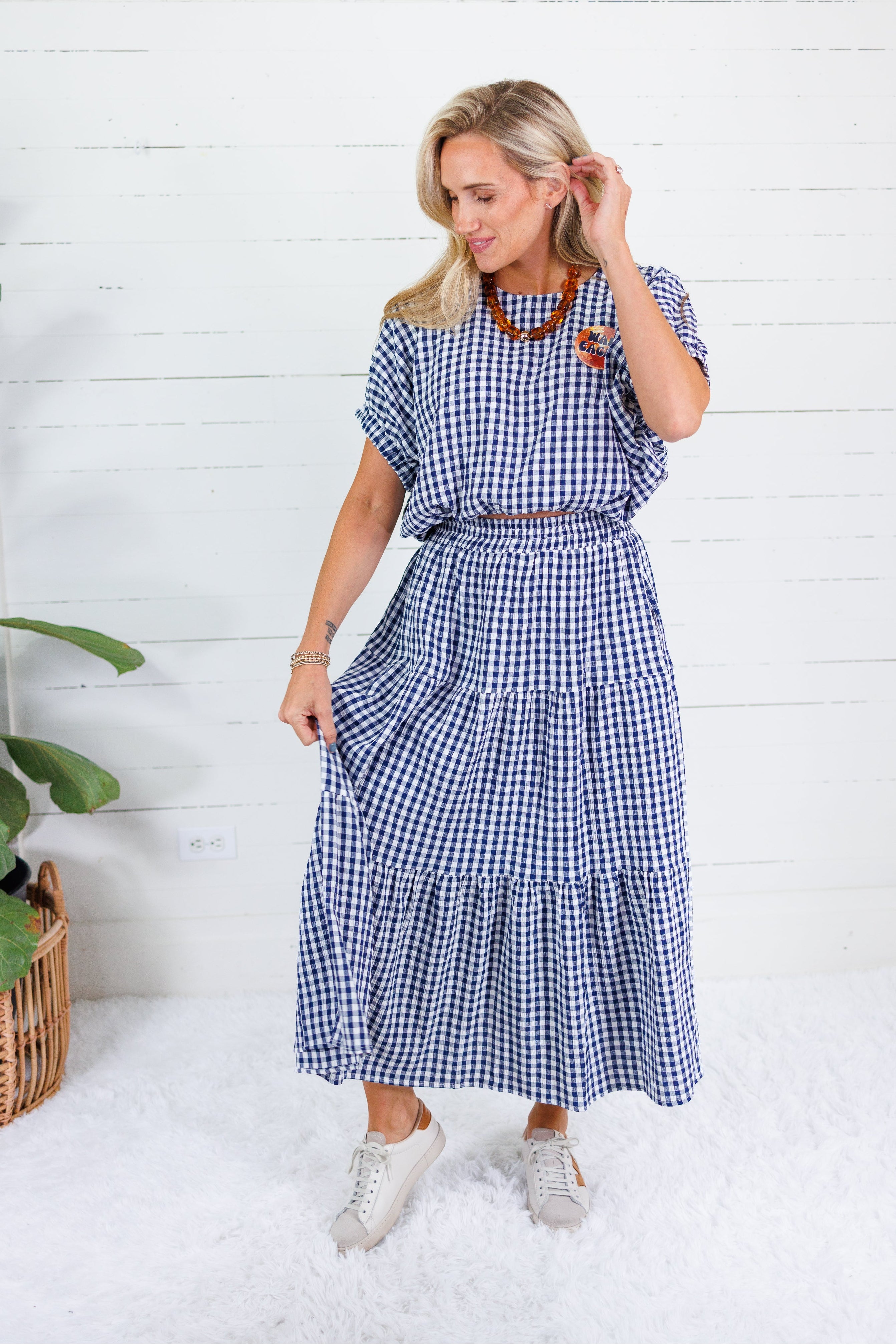 Jillian Navy Gingham Bubble Top Entro