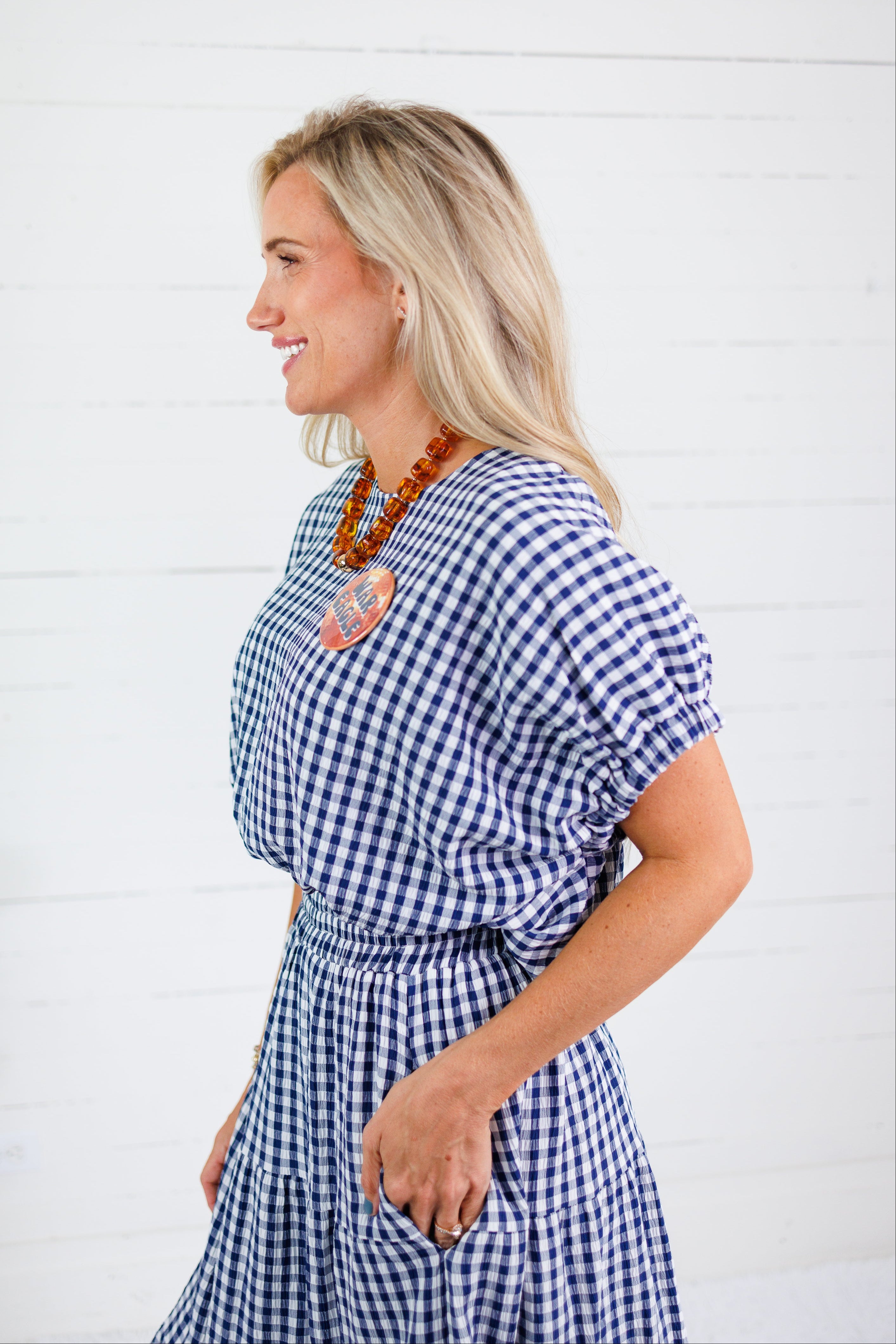 Jillian Navy Gingham Bubble Top Entro