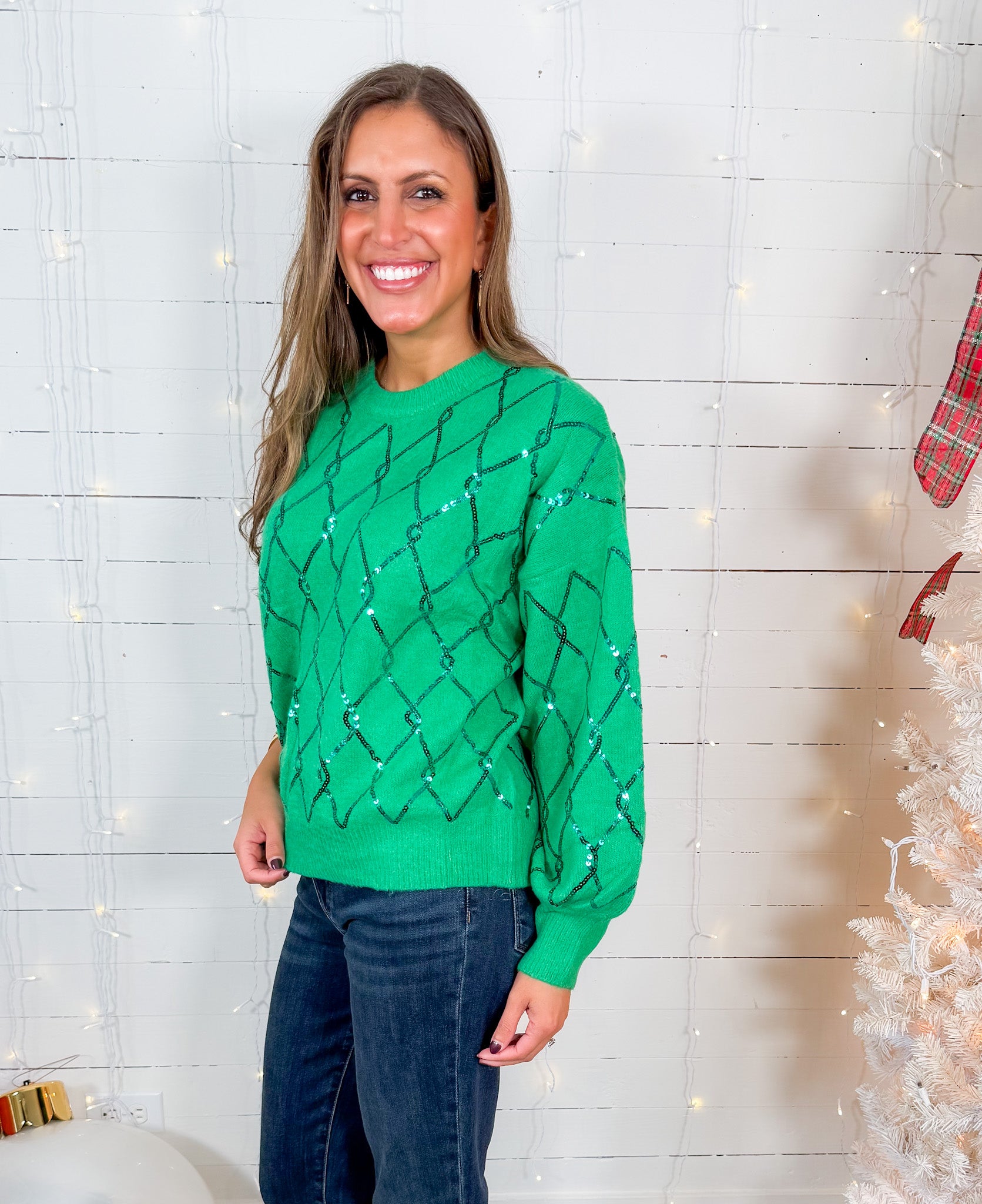 Jingle Christmas Green Seqiun Diamond Sweater