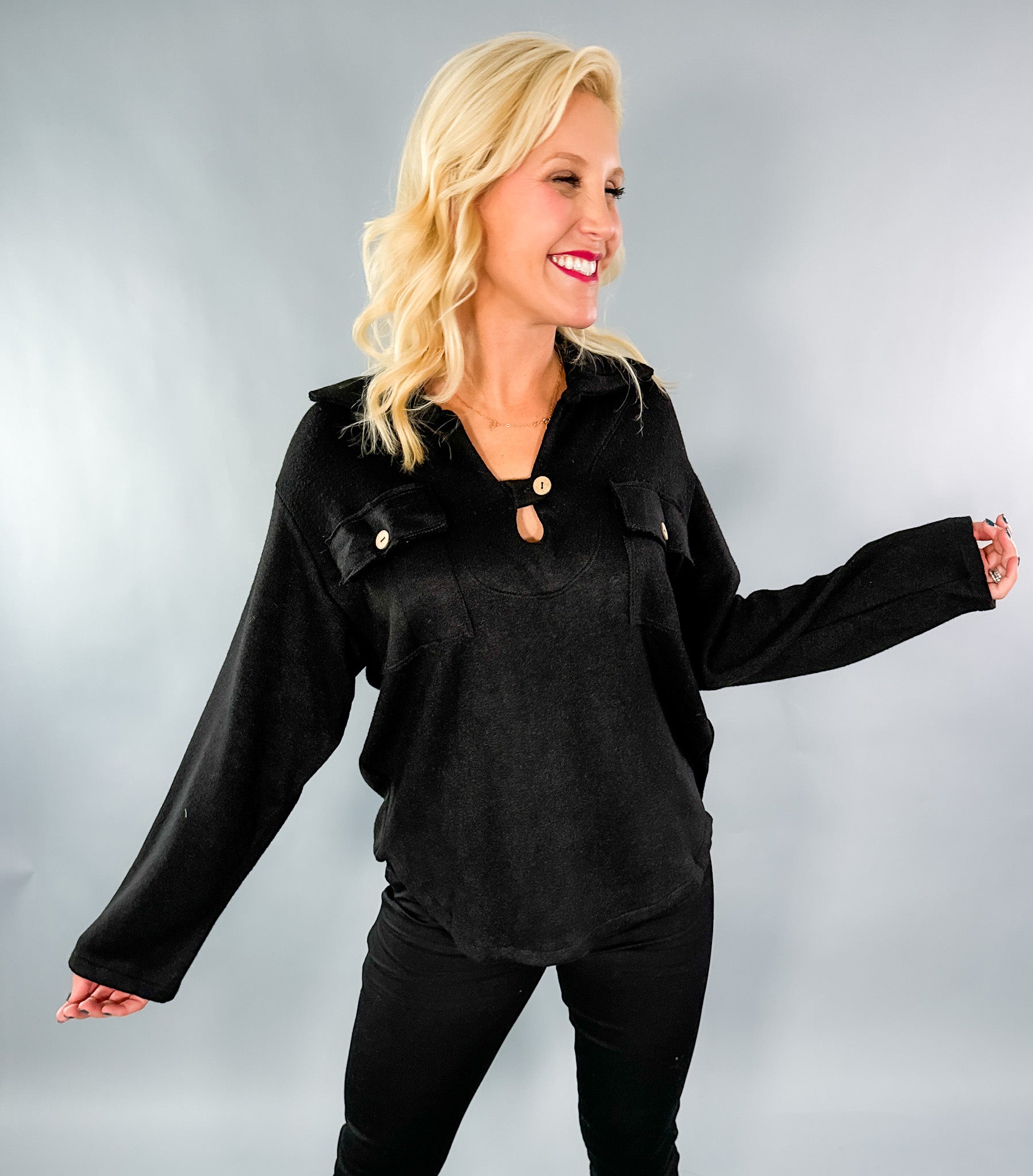 Johns Black Pocket Fleece Top Karlie