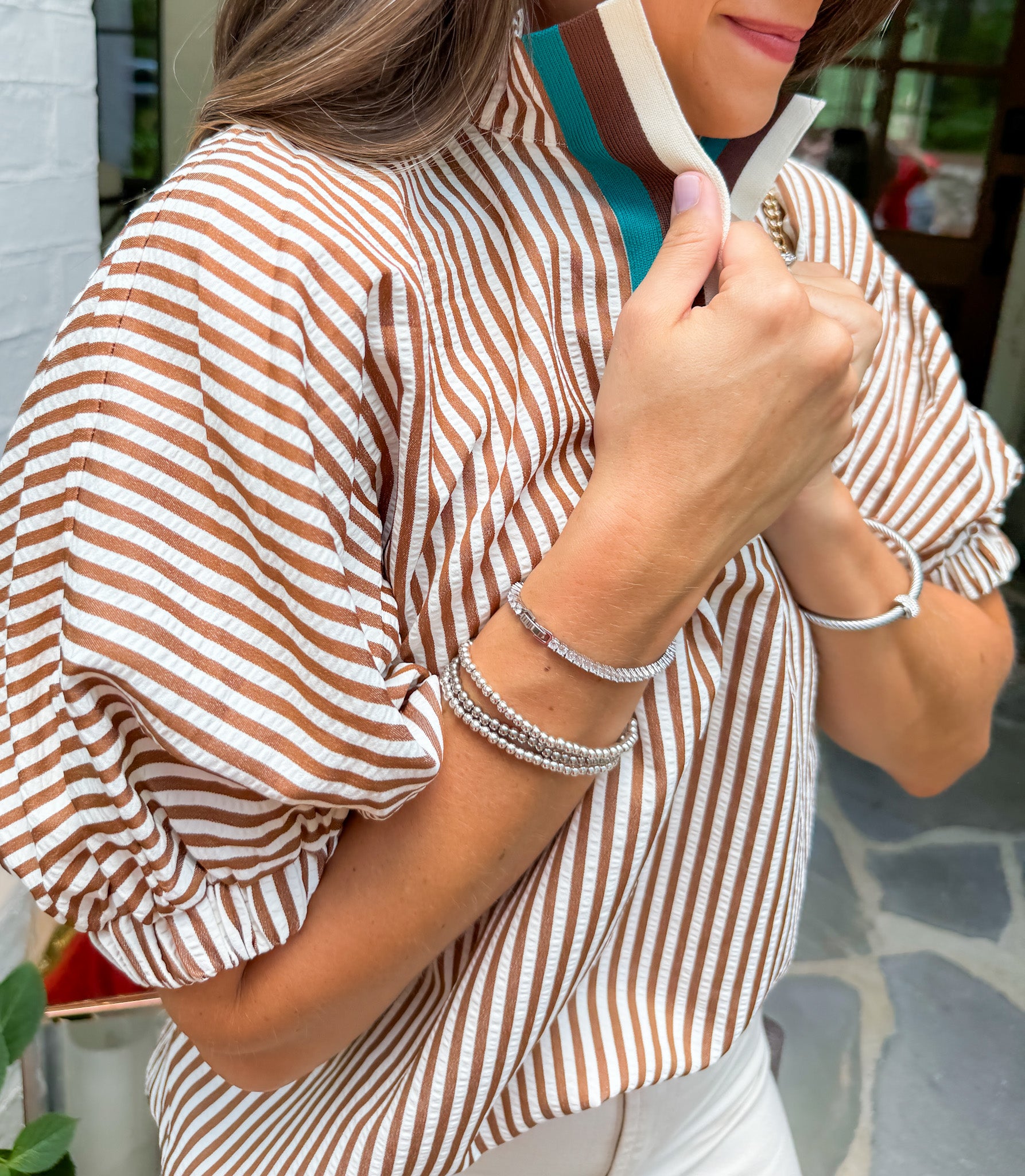 Johns Caramel Split Neck Top Entro 