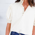 Johns Ecru Dotty Trim Top Entro