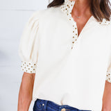 Johns Ecru Dotty Trim Top Entro