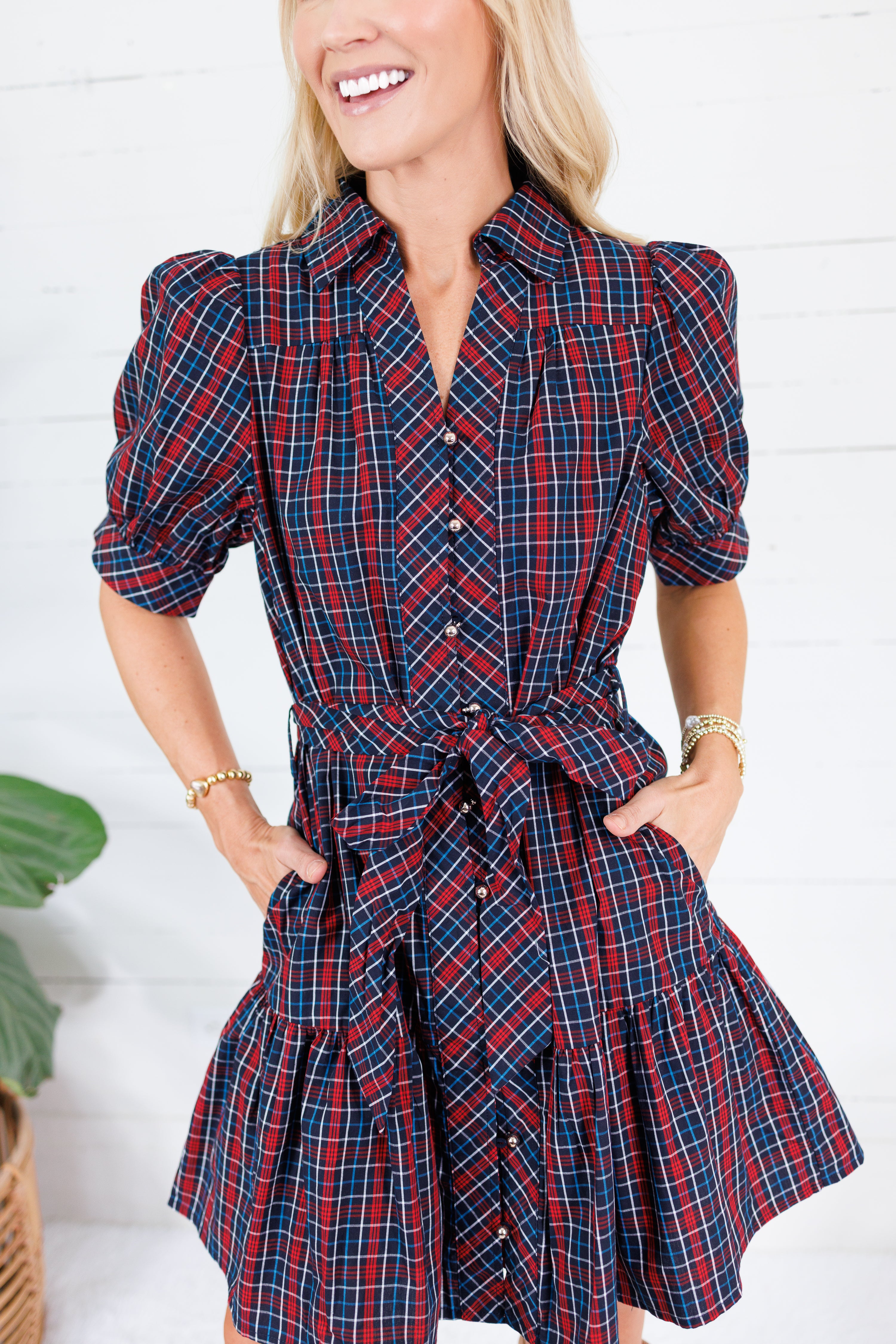 Judith Navy Plaid Button Front Mini Dress Entro