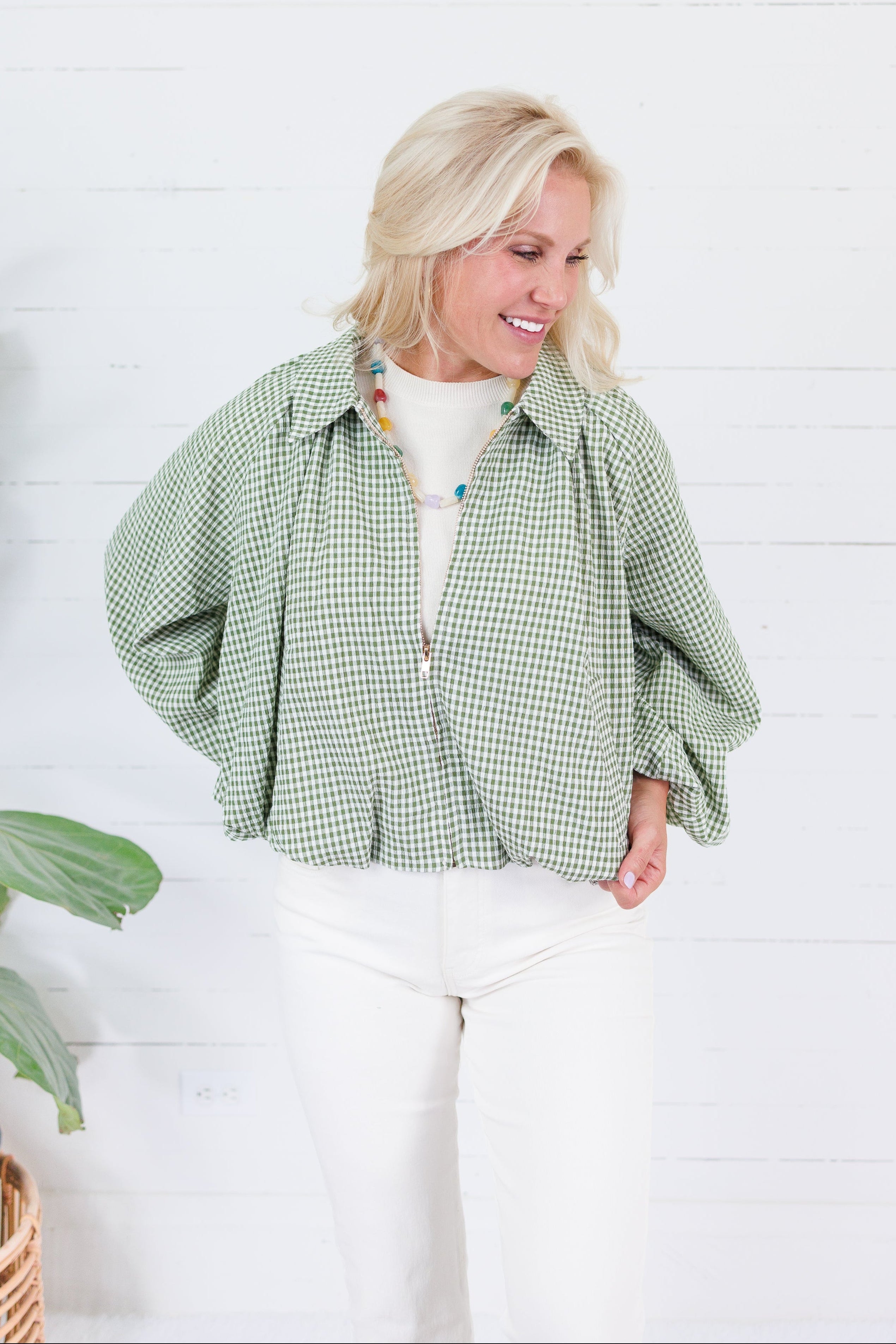 Juniper Olive Gingham Bomber Jacket Entro