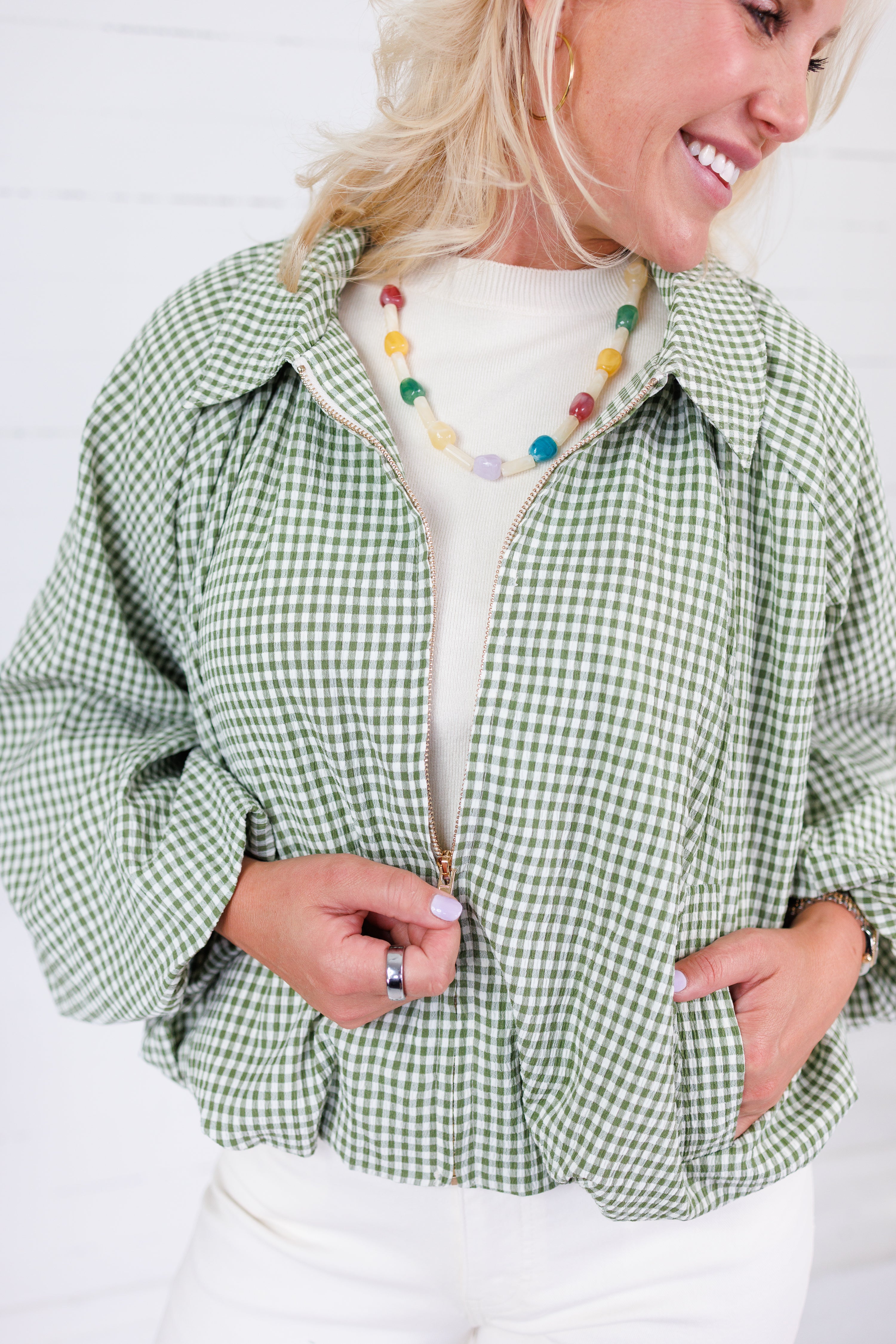 Juniper Olive Gingham Bomber Jacket Entro