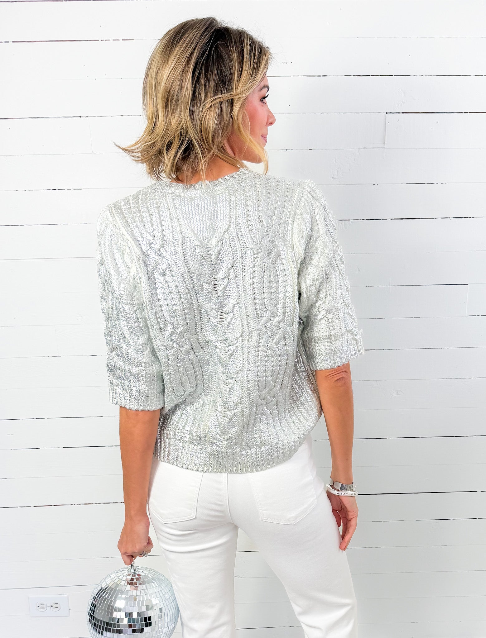 Kara White + Silver Foil Cable Sweater THML