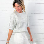 Kara White + Silver Foil Cable Sweater THML